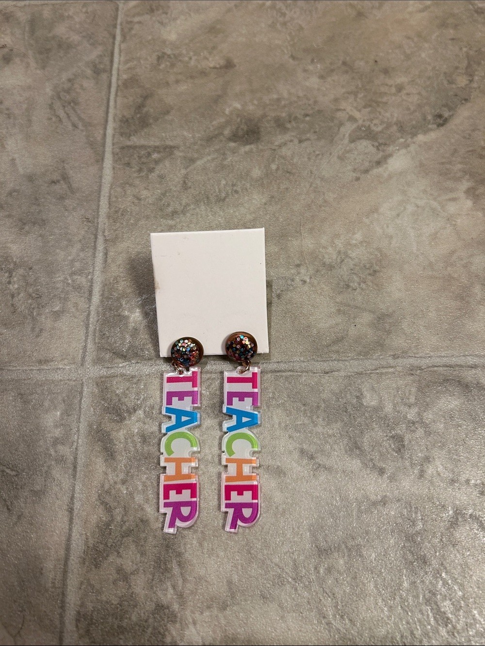 Colorful 'TEACHER' Drop Earrings - Multicolor Sparkle Design